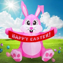 5Ft Easter Pink Bunny Inflatable Lighted Yard Decorations Led Blow Up Ra... - $52.24