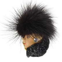 Vintage Black Fur Hat &amp; Scarf Side Profile Lady Flapper Fashion Cameo Brooch Pin - £19.78 GBP