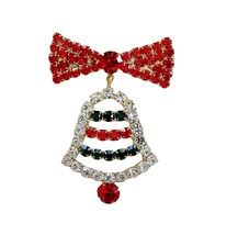 Crystal Rhinestone Christmas Swinging Bell Bow Red Green Clear Holiday Brooch - £14.64 GBP