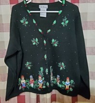 Christmas Sweater Nutcrackers Holly Leaves Black Small B.P. Designs Cardigan  - £20.66 GBP