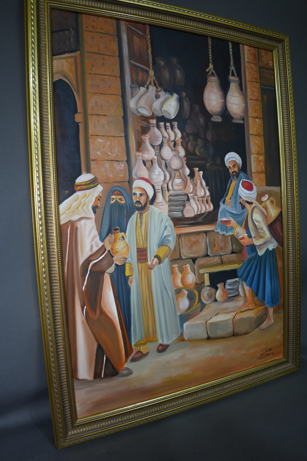 Original Oil on Canvas Arabian Pottery Shop Orientalist Painting Ali Moussa 2005 Item image 3