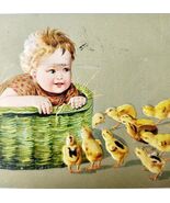 Easter Greeting 1900s Victorian Postcard Embossed Chicks Baby Basket PCBG6D - €21,45 EUR