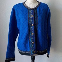 Vintage Tally Ho Pollak Blue Wool Cardigan Floral Tie Hem Golden Button Women L - £19.78 GBP