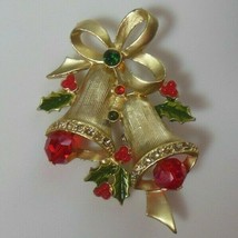 Gold-tone Enamel Rhinestone Holiday Bells Brooch - $16.82
