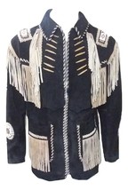 New Western Cowboy Royal Blue Color Suede Leather Fringe Men Jacket - £143.87 GBP