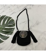 Vintage 90s Crochet Beaded Small Purse Bag Black Peacock Bird Tassels Cr... - $46.02 CAD
