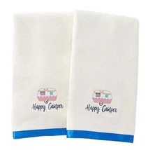 Glamper Happy Camper Hand Towels 2-Pc Embroidered Blue Border Cotton Gif... - $16.37