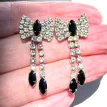 Vintage Crystal &amp; Black Rhinestone BOW Dangle Pierced Earrings - $13.85