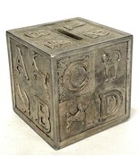 Vintage Leonard 3&quot; Building Block Cube Coin Bank Silver Plated Metal ABC... - $14.01