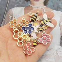 6 Bee Charms Pendants Bumblebee Gold Enamel Set Insect Garden Spring Jewelry - £8.77 GBP