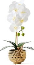 Orchids Artificial Flowers, 15&quot; Faux Orchid In Gold Flower Pot Real Touch, White - $42.43