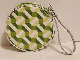 Clinique Round Makeup Cosmetic Wristlet Case Bag White/Green/Silver with Handle - £8.68 GBP