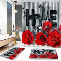 3Pcs Bathroom Sets, Red Rose Shower Curtain Set with Rugs - £31.97 GBP