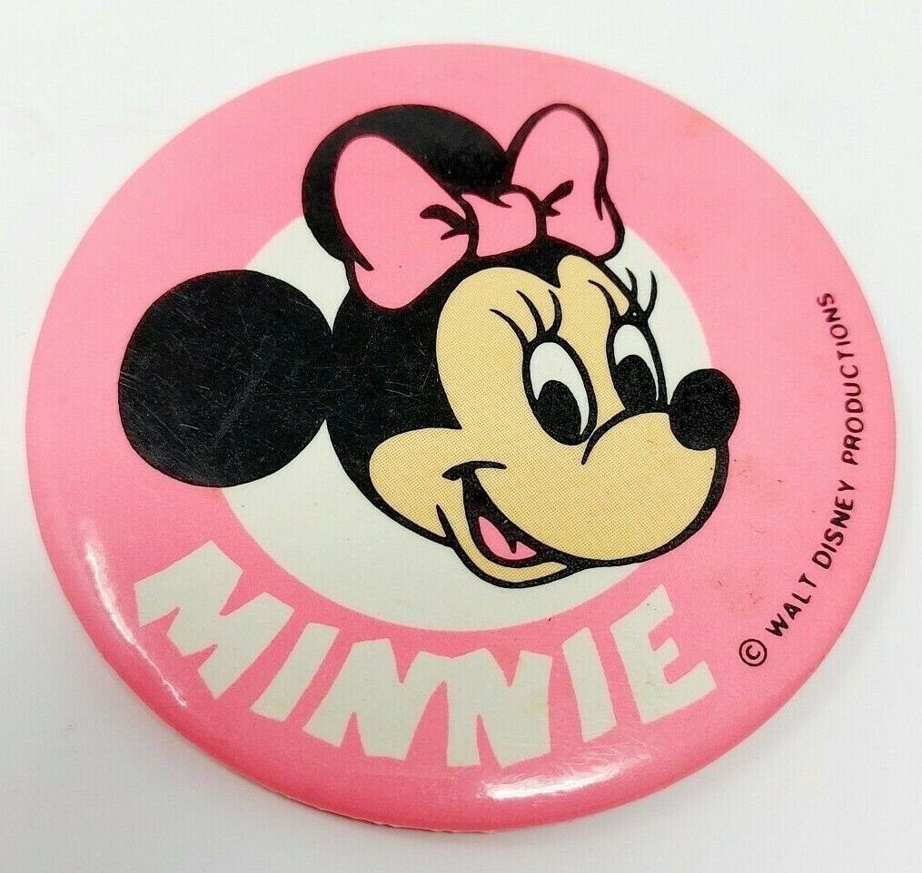 VTG Walt Disney Productions 3" Minnie Mouse Button Pin Pinback Pink - £9.56 GBP