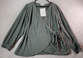 Gilli Blouse Top Womens 1X Green Knit Long Balloon Sleeve Wrap V Neck Drawstring - £12.28 GBP