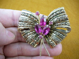 (br-174) Hot pink fuchsia rhinestone tied Bow Victorian brass pin pendant brooch - £21.61 GBP