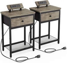 Fixwal Nightstands Set Of 2 With Charging Station, Night Stand End Table, Greige - £48.48 GBP