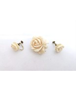 Vintage Van Dell Brooch &amp; Clip On Earrings 12k GF Carved Resin Roses Ivo... - €21,48 EUR