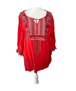 April Sky Embroidered Peasant Tunic Top Floral Details 3/4 Sleeve Red Si... - $16.39 CAD