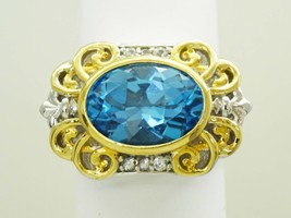 Faceted Blue Topaz &amp; CZ Accent Statement Ring Sterling Silver Size 10 - $255.00