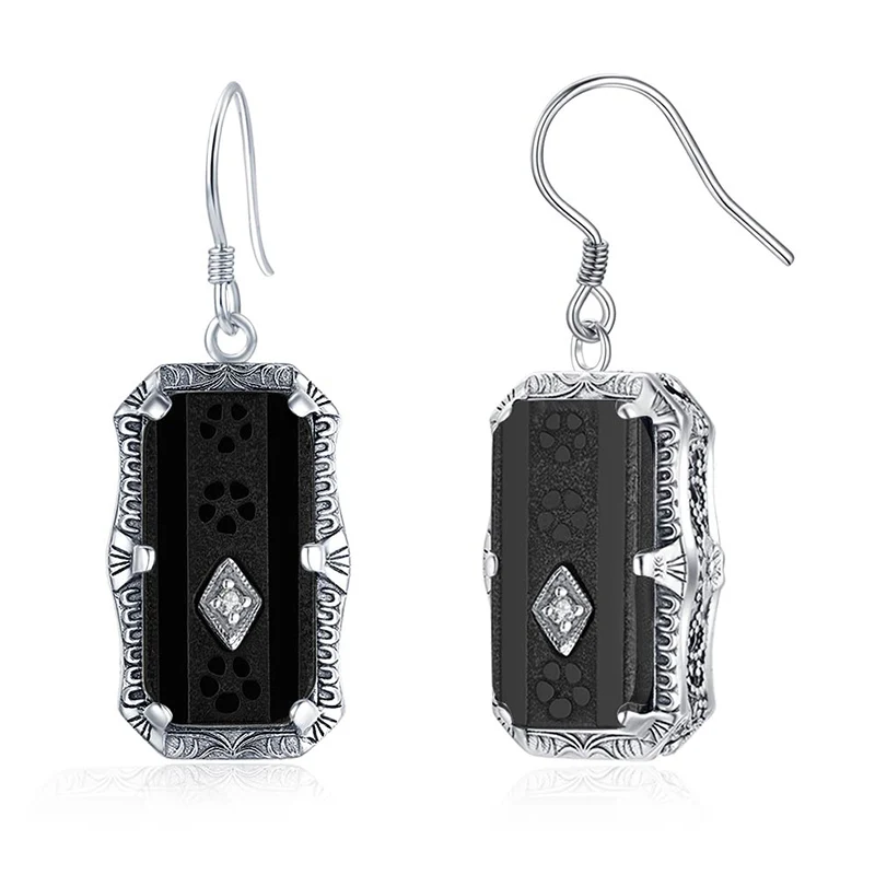 Luxury Black Onyx Drop Earrings for Women 925 Sterling Silver Real Money Certifi - £40.73 GBP