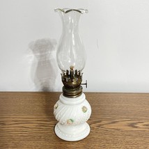 Bead Milk Glass Oil Kerosene Lamp  w/ Rosebuds And Clear Ruffled Chimney... - £10.78 GBP