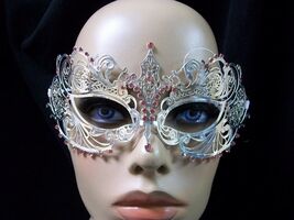 Fancy Silver Metal Filigree Eye Mask Pink Stones Renaissance Masquerade ... - $13.80 CAD