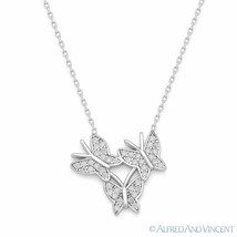 Triple-Butterfly CZ Crystal Charm Pendant 925 Sterling Silver w Rhodium Necklace - £22.12 GBP