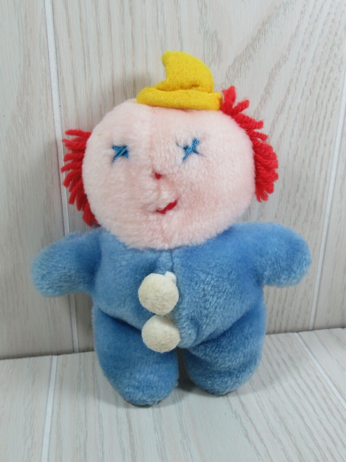 Eden vintage plush baby rattle clown small blue white red yarn hair yellow hat - $39.59