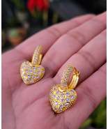 Gold heart hoop earrings with zircons / Pendientes de aro con corazón do... - $18.00