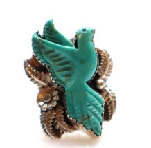 Vintage Navajo Carved Turquoise BIRD Ring Chunky Sterling Silver Flowers Size 8 - £433.94 GBP