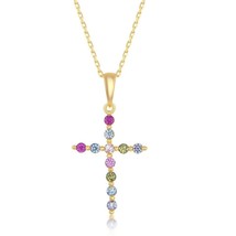 Sterling Silver Rainbow CZ Cross Pendant - Gold Plated - £42.73 GBP