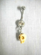 New Realistic 3D Human Skull Head Charm On 14g Clear Cz Belly Ring Navel Barbell - £4.68 GBP