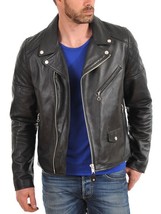 New Men&#39;s Genuine Lambskin Leather Jacket Black Slim Fit Motorcycle Jacket MJ127 - £80.21 GBP+