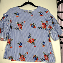 Rebellion, floral, striped short sleeve, blouse, size large - £9.31 GBP