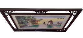 Vintage Asian Landscape Framed Art Sailing Boats Ornate Wood Frame 32.75” image 5