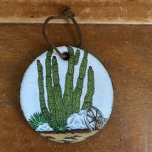 Rustic Painted Western Cactus Old Wagon Wheel Thick Round Pottery Christ... - $13.09