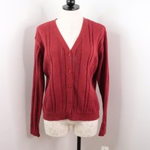 New Liz Claiborne Villager Women&#39;s L Red Button-Up Ribbed Knit Cardigan Sweater - £9.47 GBP