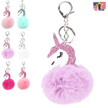 Sparkle Fluffy Unicorn Pom Pom Fur Car Key Chain Bag Pendant Key ring Gracious - £5.21 GBP