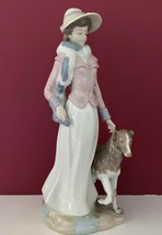 Huge 14.5” Nadal Lladro #853 Lady Woman Figurine With Bonnet & Scarf Walking Dog - $229.99