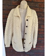 Pure Wool Sweater Medium Leather Button Front Fisherman Cardigan Pockets... - $21.85