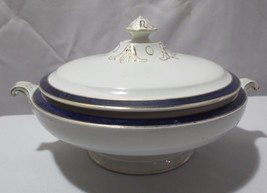 Antique British England Serving Vegetable Bowl Lid cobalt blue gold - $125.00