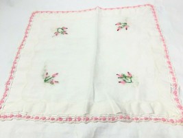Vintage Hankie Embroidered Pink Flowers Leaves 13x13 Handkerchief Croche... - $16.68