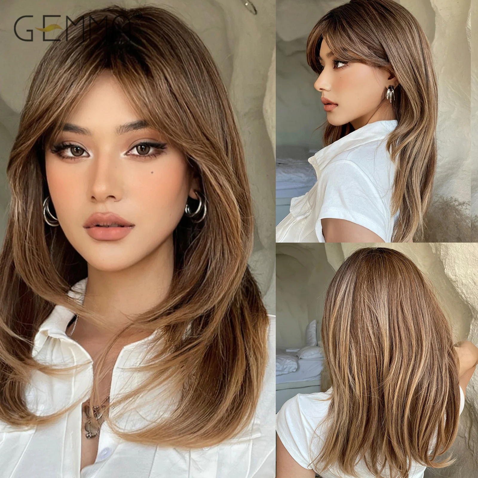 GEMMA Ombre Brown Medium Length Layered Wigs Synthetic Straight Cosplay Wi - £21.26 GBP+