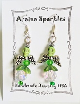 Skull Candy Fairy Earrings Green Howlite &amp; Glass Bead Sparkles Chunky USA #32 - £7.93 GBP