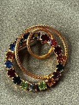 Vintage Concentric Goldtone &amp; Colorful Rhinestones Open Circles Pin Brooch – - £8.88 GBP
