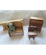 Wooden doll house furniture, roll top desk, bench w/bear, small desk, counter