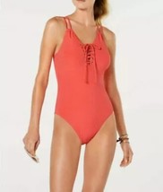 Hula Honey Juniors Shimmer Ribbed Lace-up One-Piece Swimsuit Salmon Pink M New - £9.73 GBP