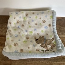 Carters Dog Gone Cute Baby Blanket Tan Puppy Dog Green Blue Trim Paw Prints - $32.73
