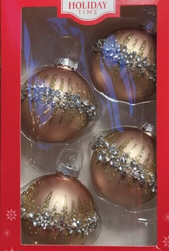 Primary image for Christmas Ornament Set 4 Blown Glass Ball Beige Glitter & Faux Jewels